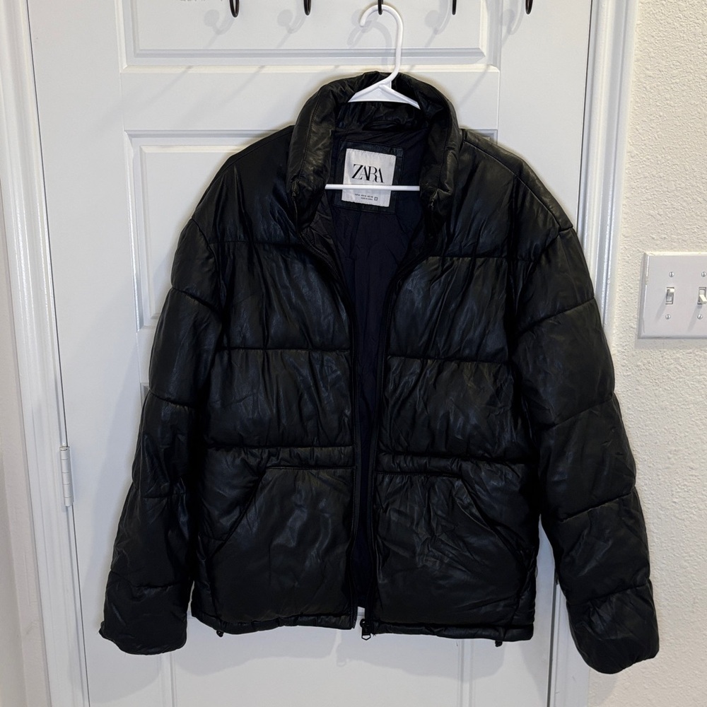 Zara Black Faux Leather Puffer Jacket Size M